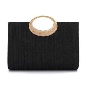Straw Top Handle Clutch Purse Summer Beach Evening Handbag Women Black